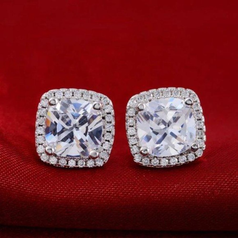 NEW Silver Cushion Diamond Halo Stud Earrings - Picture 3 of 7